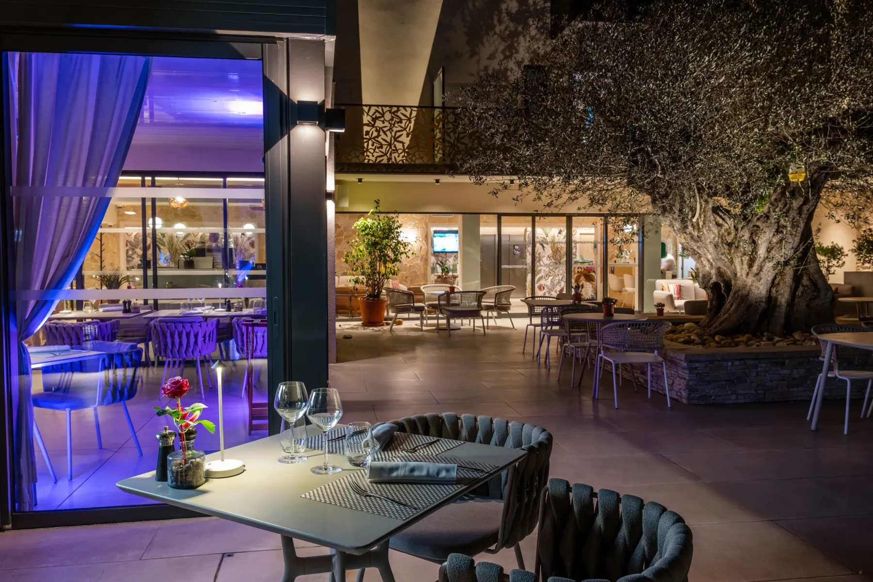 Restaurant extérieur avec tables et chaises, éclairé par des lumières violettes, un arbre central et une vue sur la salle intérieure