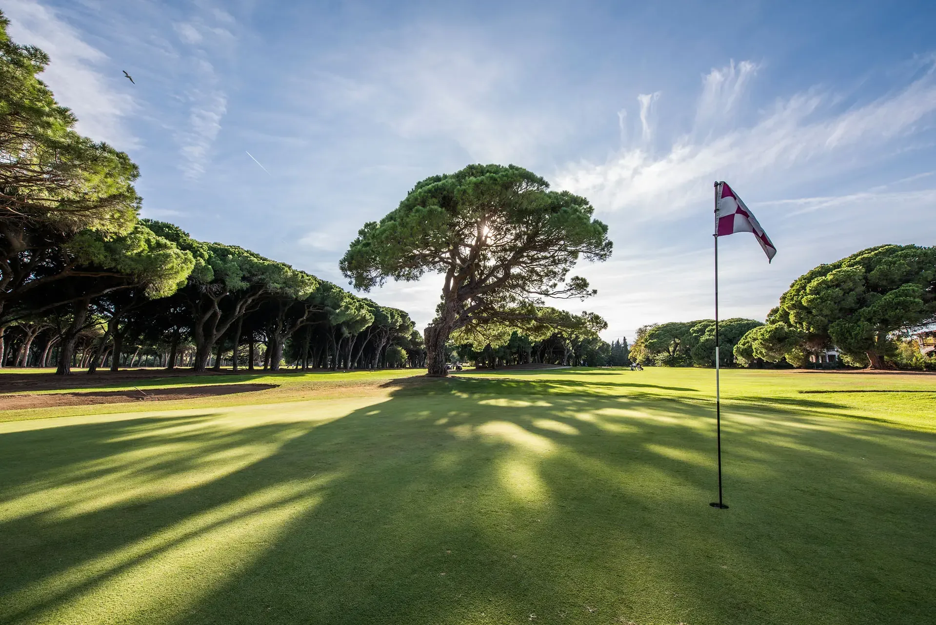 Un green de golf avec un drapeau marqué de rayures rouges et blanches sous un ciel partiellement nuageux, entouré d'arbres